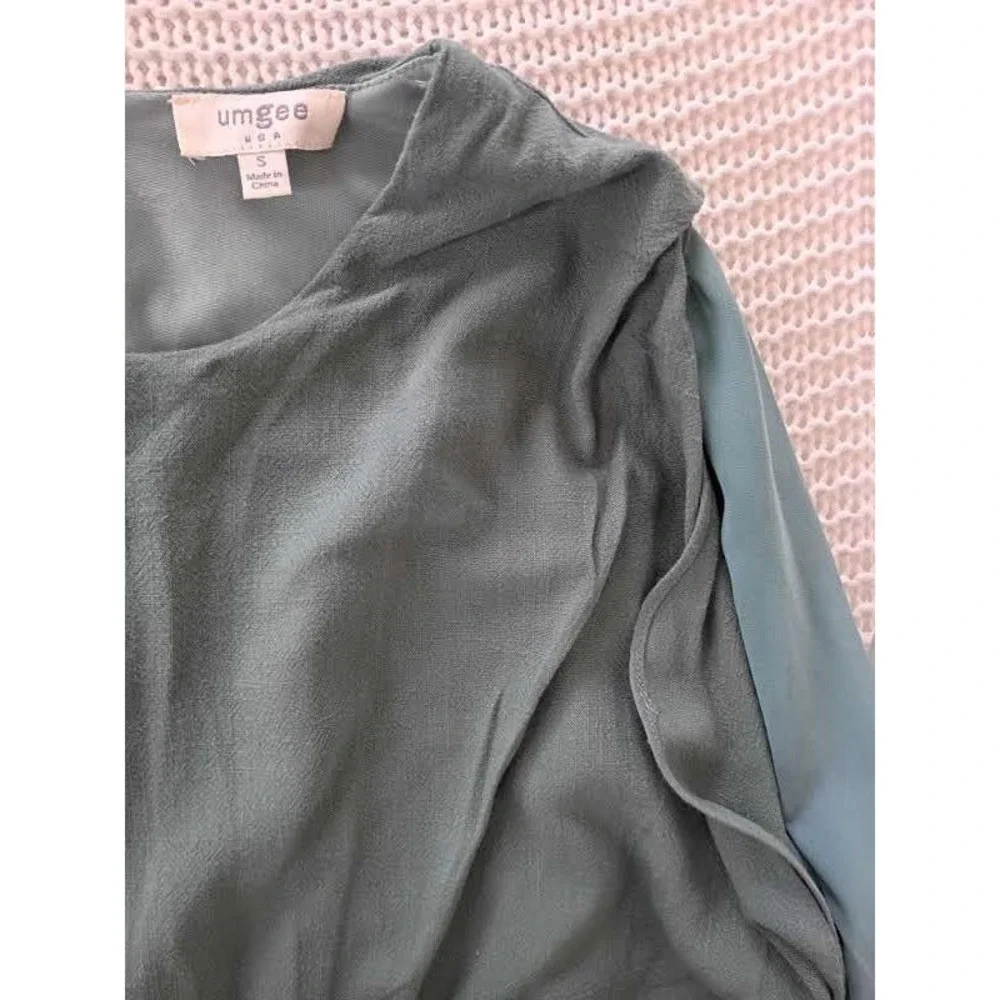 UMGEE‎ Sage Green Linen Mini Dress Blue Contrast Slve Smocked Cuff S Cottagecore